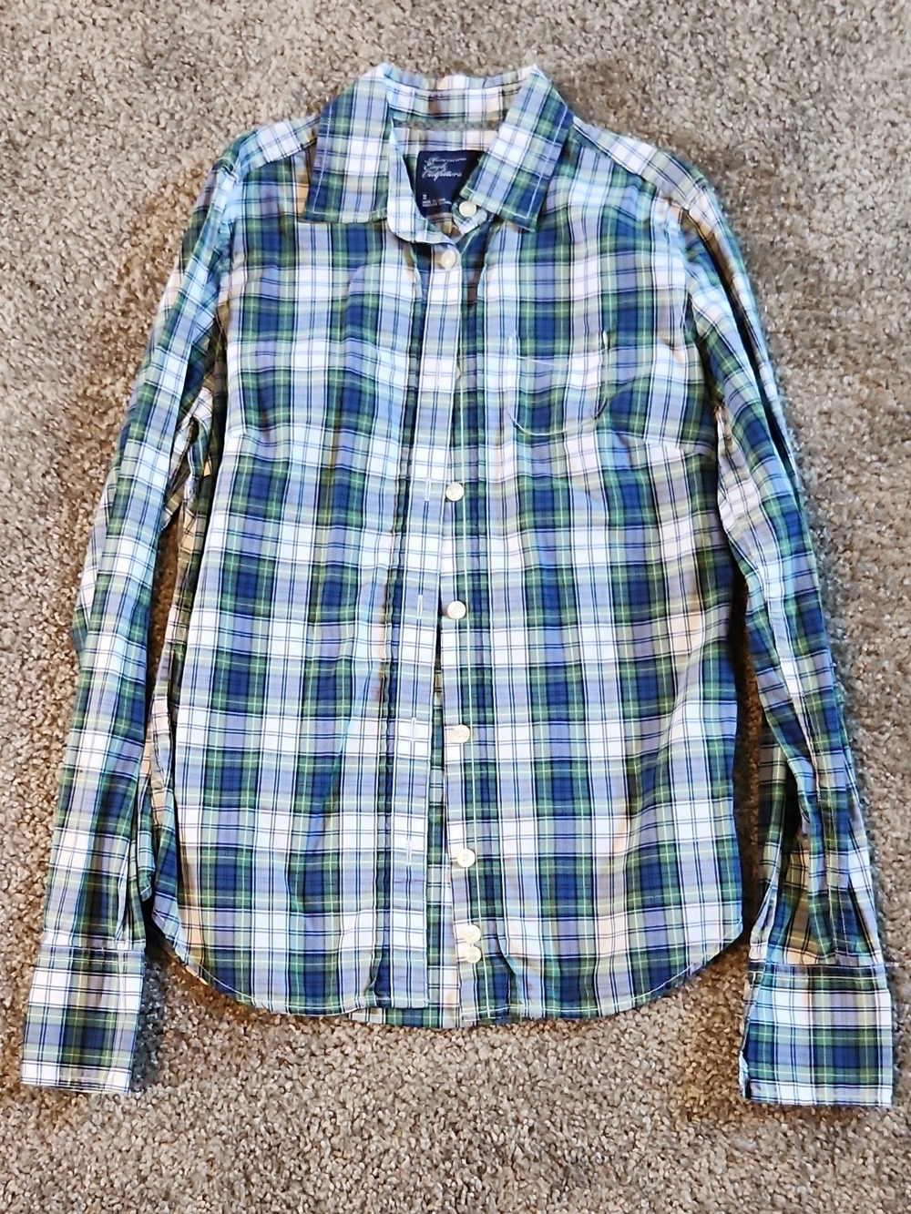 American Eagle Outfitters Green and Blue Plaid Button-Down Shirt